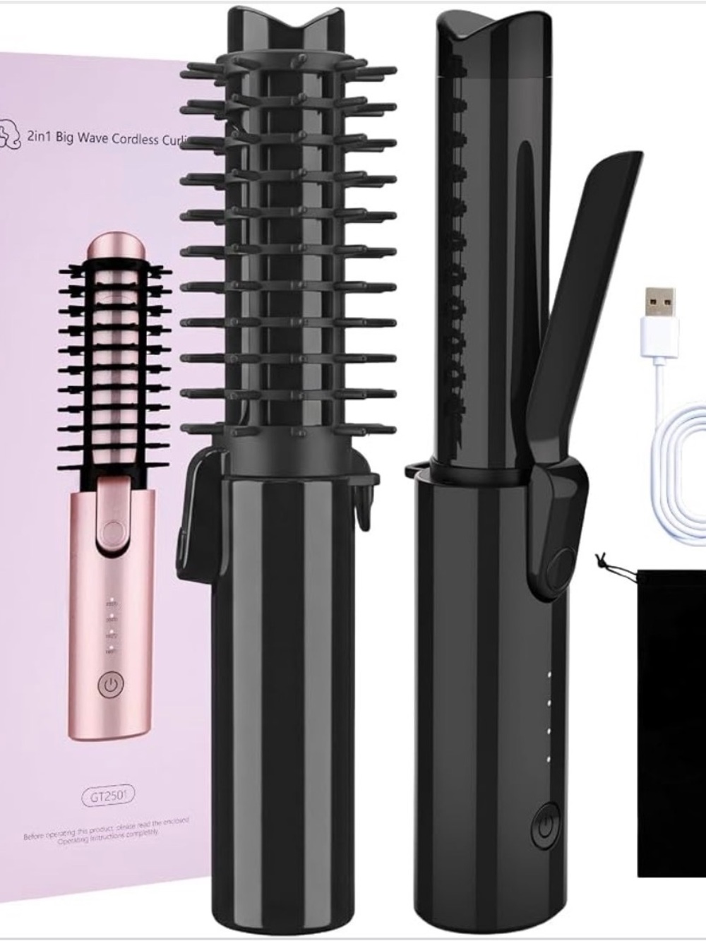 Cordless 3-in-1 Hair Curler & Brush  and straightener Black new curling iron